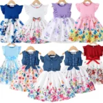 2025 New Summer Korean Style Cute Printed Bow Casual Dress for Girls Birthday Party Baby Girl Clothes 2-10 Years