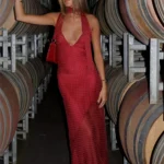 Absobe Polka Dot Print Color Block Maxi Dress Elegant V Neck Halter Tie Slim Backless A Line Long Dress For Women Chic Partywear