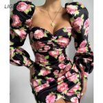 Vintage Floral Bodycon Dress for Women | Puff Sleeve Off-Shoulder Elegant Party & Club Wear