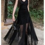French Style Vintage Evening Dress for Women – Spaghetti Strap Mesh Patchwork V-Neck Split Black Slim Party Dress