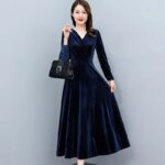 2024 Vintage Women Velvet Midi Dress Long Sleeve Elegant Bodycon Party Night Autumn Winter Dress