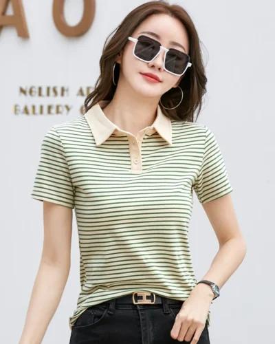 Korean Style Short Sleeve Polo Shirt Women Cotton Stretch Fashion Summer Tops Elegant Knitted Striped T-shirt For Women