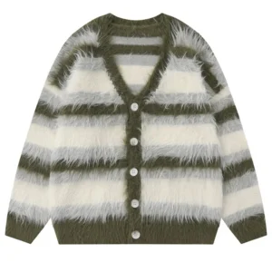 Striped Plush V-neck Sweater Men's Loose Casual Brushed Knit Trendy Couple Versatile Comfortable Harajuku High Street Cardigan