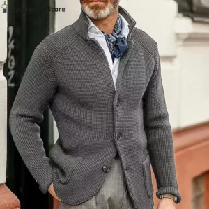 Men's Thicken Knitted Cardigan Sweater Autumn Winter Solid Color Fashion Slim Long-sleeved Stand-up Collar Knitting Jacket Coat