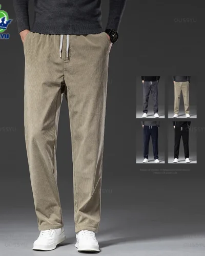 Four Seasons Men's Corduroy Casual Pants Elastic Waist Business Fashion Straight Loose Trousers Male Black Khaki Blue M-5XL