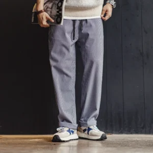Maden Easypants Seersucker Striped Casual Pants with Elastic Waist And Drawstring Design Iron-free Straight Trousers for Men