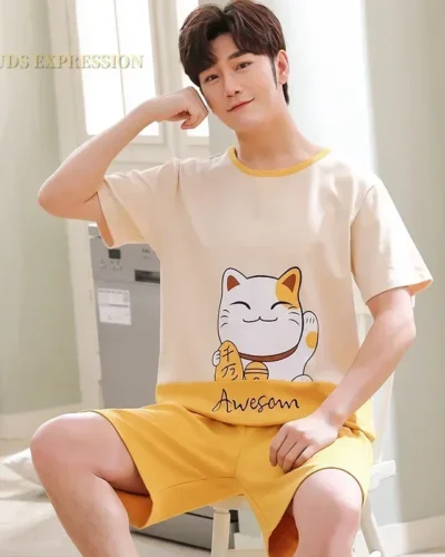 Summer Knitted Cotton Short Sleeved Men's Pajamas Sets Male Pajama Set Letter Pajama For Men Sleepwear Suit Homewear Size xXXXL