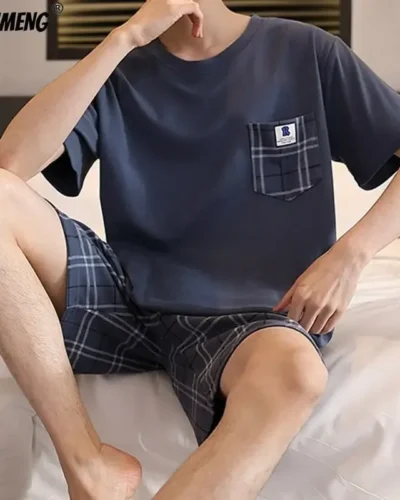 Men Pajamas Set Summer Cotton L-5XL Casual Sleepwear Minimalist Style Shorts Leisure Homewear Fashion Boys Nightwear Pijamas