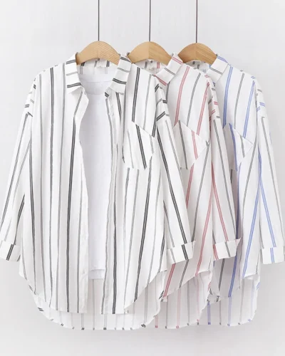 Loose Casual Striped Shirts Women 2024 New Ladies Sweet Simple Style Long Sleeve Print Shirt Female Blouse and Tops Lady Clothes