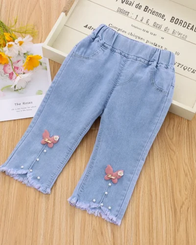 7/10 Pants LengthSpring Autumn Children Jeans  Girls Cotton Print Splice Stretch Denim Pants Korean Teenage  Kids Clothing