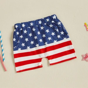 Baby Boy 4th of July Shorts American Flag Stars Striped Rocket Print Elastic Waist Toddler Boy Shorts Firework Pattern