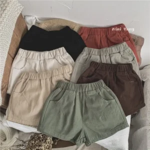 2025 Kids Boys Summer Shorts Solid Elastic Waist Beach Pocket Toddler Pants For 7M-7T Children Casual Loose Korean Retro Clothes
