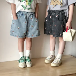 2025 Summer Kids Denim Shorts for Boys Girls  Popcorn Embroidery Elastic Waist Casual Knee Length Pants