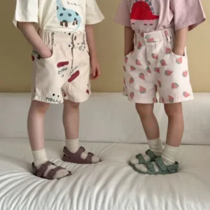 Kids Summer Cotton Shorts Strawberry Cartoon Print Boys Casual Loose Short Pants Girls Elastic Waist Baby Knee-length Pants