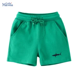 Little maven 2024 Summer Solid Boys Shorts Cartoon Shark Pattern Cotton Casual Breathable Pocket Pants Baby Children Beach pants