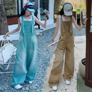 summer teen girls water washed punk wide leg jumpsuit junior kids loose slimming casual Cowboy overalls 4-14 child ropa trousers