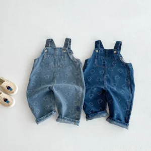 2025 Spring New Children Loose Denim Overalls Cotton Baby Girls Cartoon Bear Print Casual Pants Boys Strap Trousers Kids Jeans