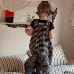 2025 Spring New Children Plaid Overalls Cotton Boys Thin Casual Pants Breathable Baby Girls Loose Strap Trousers Kids Clothes