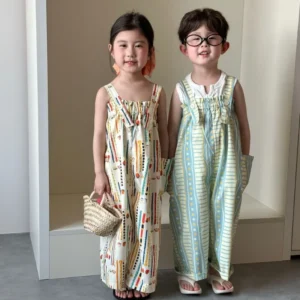 Kids Overalls Vacation Style Girls Big Pockets Straps Wide Leg Pants 2025 Spring Summer Boys Loose Thin Style Casual Trousers