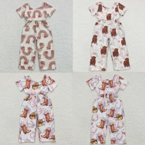 Wholesale Baby Girl Jumpsuit Toddler Children Western Short Sleeves One-piece Kid Bell Pants Western Cow Print Floral New Romper