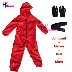 TV Calamari Game Guard Cosplay Costume Red Jumpsuit Outfit Adult Teenagers Tracksuit Hooded Overall Belt Gloves Mask Set Hallowe