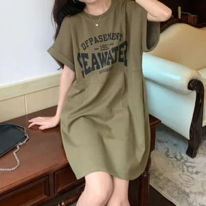 Korean Fashion Letter Printed Dresses Summer Women's Clothing Round Neck Comfortable Casual Short Sleeve Mini Dresses for Female
