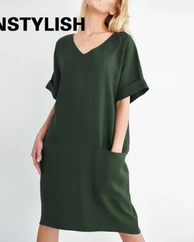 Women Casual Short Sleeve V Neck Cotton Linen Loose Dress Vintage Solid Pockets Oversized Dress Elegant Beach Holiday Mini Dress