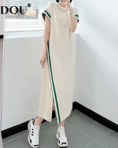 2023 Summer New Korean Style Contrast Color Asymmetrical Ladies Midi Dress Female Short Sleeve Loose Casual Straight Vestidos