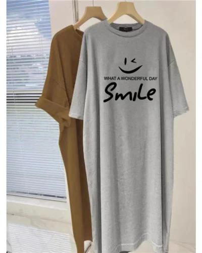 2025 New Short Sleeved Dress Women Fashion Korean Style Oversized Loose Round Neck Dress