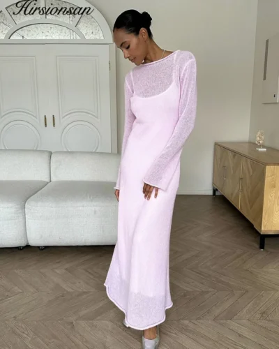 Hirsionsan Spring Autumn O-Neck Elastic Knit Long Dresses Women 2024 Elegant Chic Soft Lady Hollowing Sweater Dresses Femme New