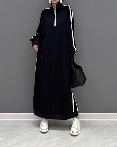 Women's Striped Patchwork Zipper Casual Dresses Spring Autumn New Long Sleeve Loose Trend Midi Dress Vintage Fashion Clothing