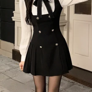 2022 Autumn Fake Two Dress Women Slim Chic Long Sleeve Bow Casual Y2k Mini Dress Female Korean Fashion Elegant Short Party Dress
