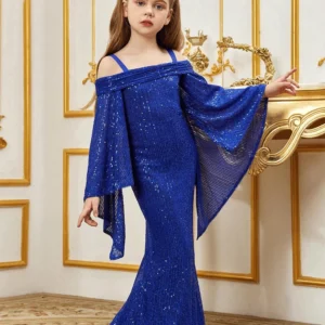 10-Year-Old Girl Birthday Party Wedding Flower Girl Off-Shoulder Shiny Mesh Evening Dress Girl Performance Dress Prom Gown