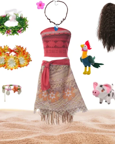 Girl Moana Costume Princess Cosplay Dress Summer Sleeveless Children's Dresses Girl Carnival Costume With Wreath Wig Necklace