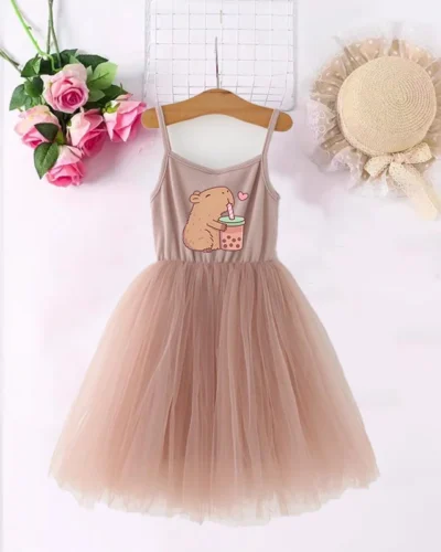 Capybara Girls Dresses Anime Printed Cute Kids Short Sleeves Dress Fashion Cartoon Summer Baby Children's Clothing Birthday Gift