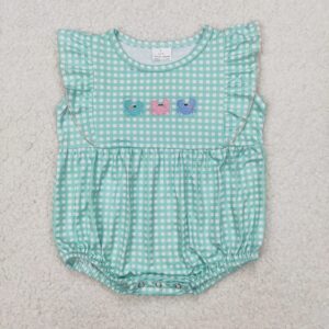 3.29y new stock baby girls summer rompers wholesale boutique girls embroidered crab green plaid tank top onesie