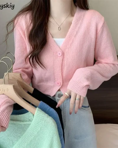 Crop Cardigan Women Slim Autumn Girlish All-match Ulzzang Tender V-neck Casual Outwear Aesthetic Classic Students Chic Clothing