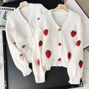 Fashion age reduction three-dimensional embroidery strawberry jacquard knitted cardigan soft waxy skin V-neck sweater