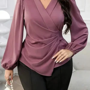 GIBSIE Plus Size Solid V-neck Wrap Tie Blouse Women Spring Fall Lantern Sleeve Elegant Office Ladies Ruched Blouses Shirts