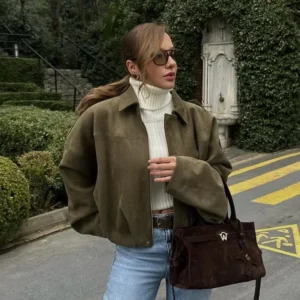 Women Green Suede Leather Jacket 2025 Fashion Oversized Full Sleeve Lapel Bomber Coat Female High Street Outerwears New Spring