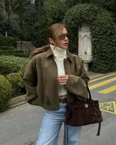 Women Green Suede Leather Jacket 2025 Fashion Oversized Full Sleeve Lapel Bomber Coat Female High Street Outerwears New Spring
