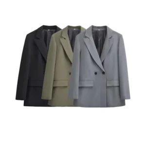 TRZA-Women's Double Breasted Office Wear Blazer Coat, Long Sleeve, Flap Pockets, Female Outerwear, Chic Tops, Fashion