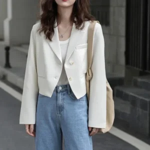 Fashion Design Cropped Suit Jacket Women 2025 Autumn Long Sleeve Korean Blazers Woman Solid Color Single-Breasted Office Coat