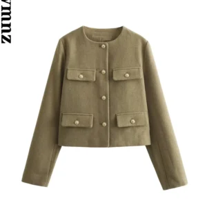 XNWMNZ Women's Fashion 2023 Autumn/Winter Flap Pocket Crop Jacket Women Vintage O Neck Long Sleeve Versatile Female Blazer