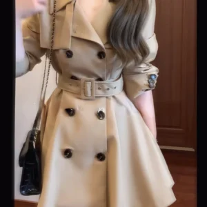Autumn Winter Woman Korean Fashion Tops Trench Coats Elegant Khaki Turn Down Collar Long Sleeve High Waist Slim A Line Jackets