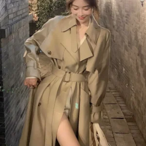 Autumn Winter Khaki Long Trench Coat for Women 2024 Jacket Elegant Outerwear Turn-down Collar Tie Belt Korean Chic Windbreaker