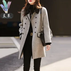 Main Mu Autumn Winter New Fashion Korean Edition Slim Casual Versatile Temperament Contrasting Color Small Collar Woolen Trench