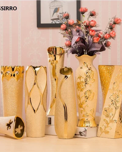 Luxury Europe Gold-Plated Ceramic Vase Home Decor Creative Design Porcelain Decorative Flower Vase For Wedding Decoration