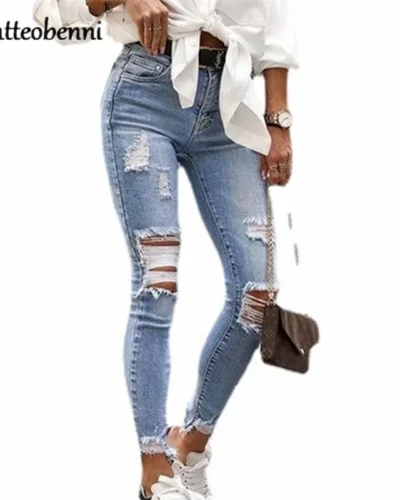 Summer 2022 Ripped Light Blue Jeans Women's Slim Knee Cut  Hole Length Casual Pencil Pants Retro Jeans