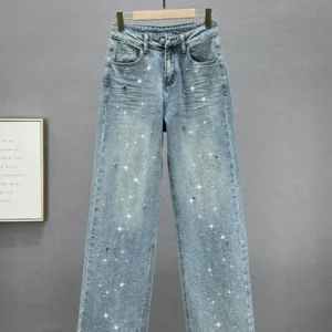 Rhinestone XINGX Pendant Design High Waist Wash Jeans Women's Summer Loose Slimming and All-Matching Straight-Leg Pants